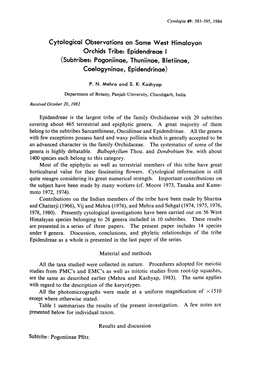 Cytological Observations on Some West Himalayan Orchids Tribe: Epidendreae I (Subtribes: Pogoniinae, Thuniinae, Bletiinae, Coelogyninae, Epidendrinae)