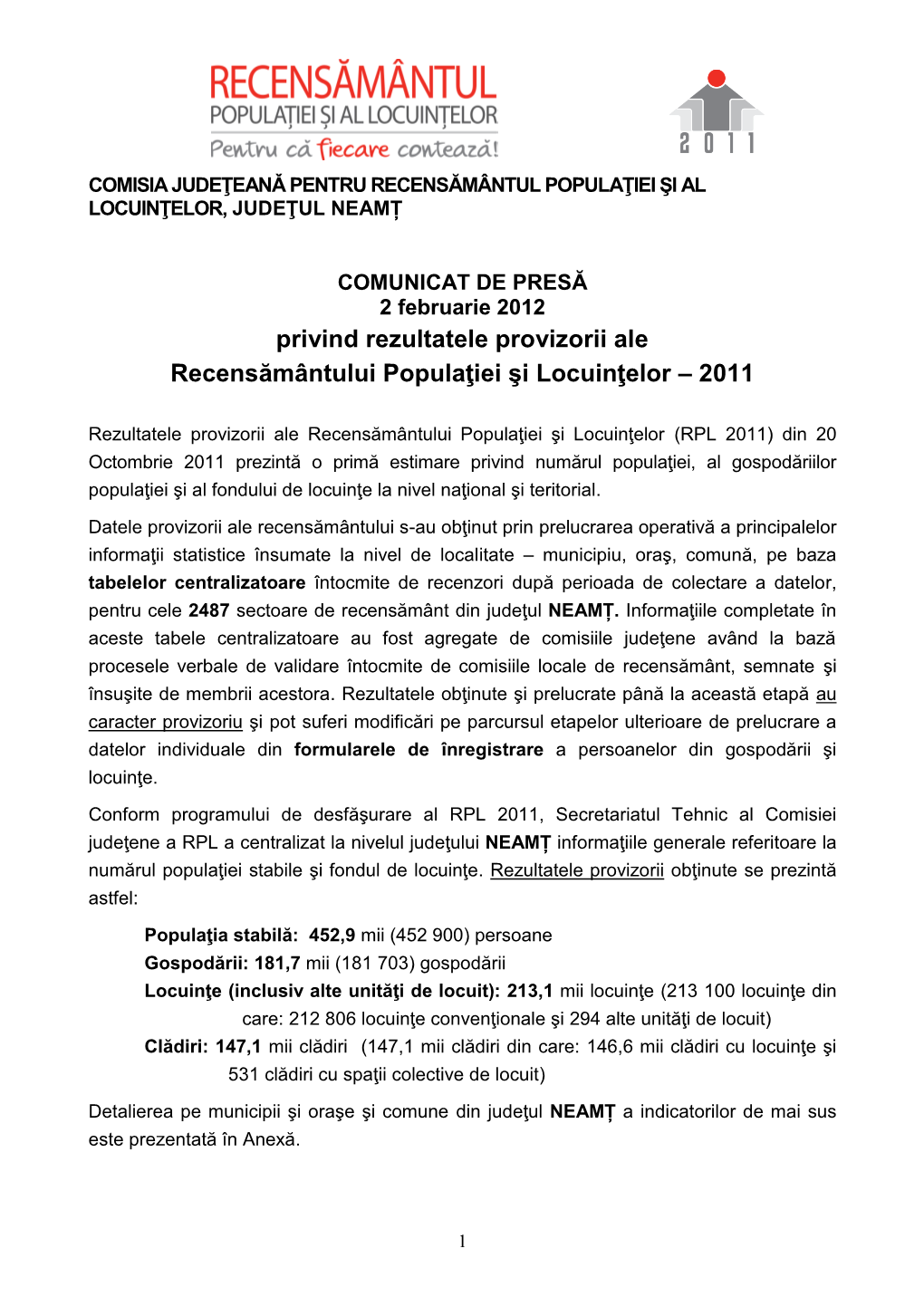 Comisia Judeţeanǎ Pentru Recensământul Populaţiei Şi Al Locuinţelor, Judeţul Neamț