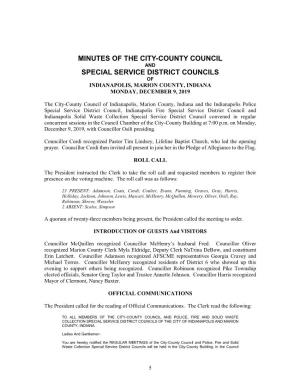 Minutes of the City-County Council and Special Service District Councils of Indianapolis, Marion County, Indiana Monday, December 9, 2019