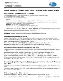 Freshwater Fishes of Turkey: a Revised and Updated Annotated Checklist