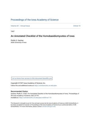 An Annotated Checklist of the Homobasidiomycetes of Iowa