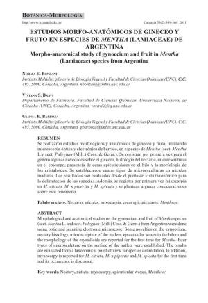 (LAMIACEAE) DE ARGENTINA Morpho-Anatomical Study of Gynoecium and Fruit in Mentha (Lamiaceae) Species from Argentina