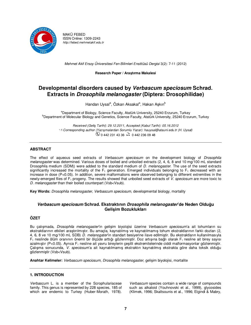 Developmental Disorders Caused by Verbascum Speciosum Schrad