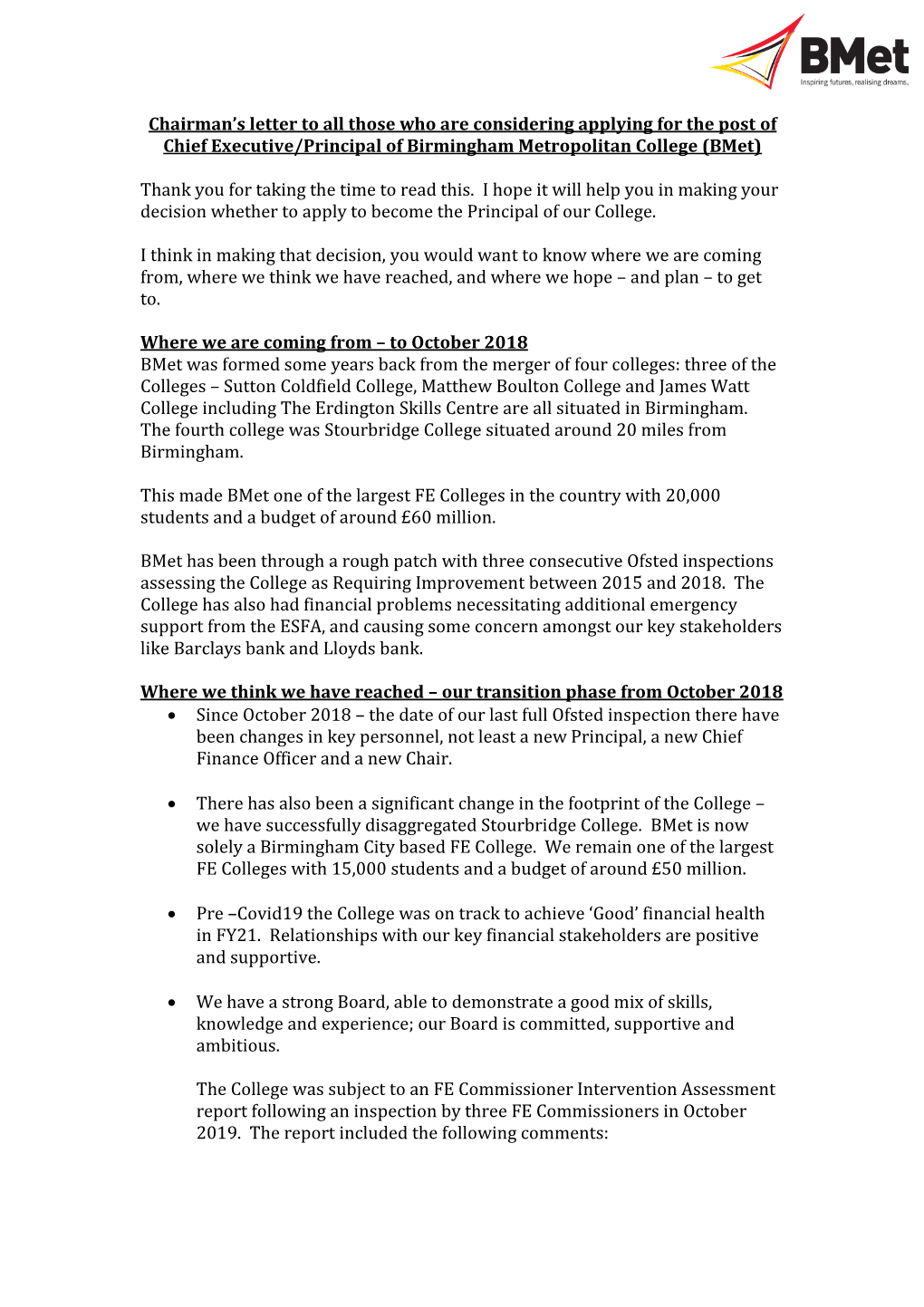 Chairman's Letter to All Those Who Are Considering Applying for the Post of Chief Executive/Principal of Birmingham Metropoli