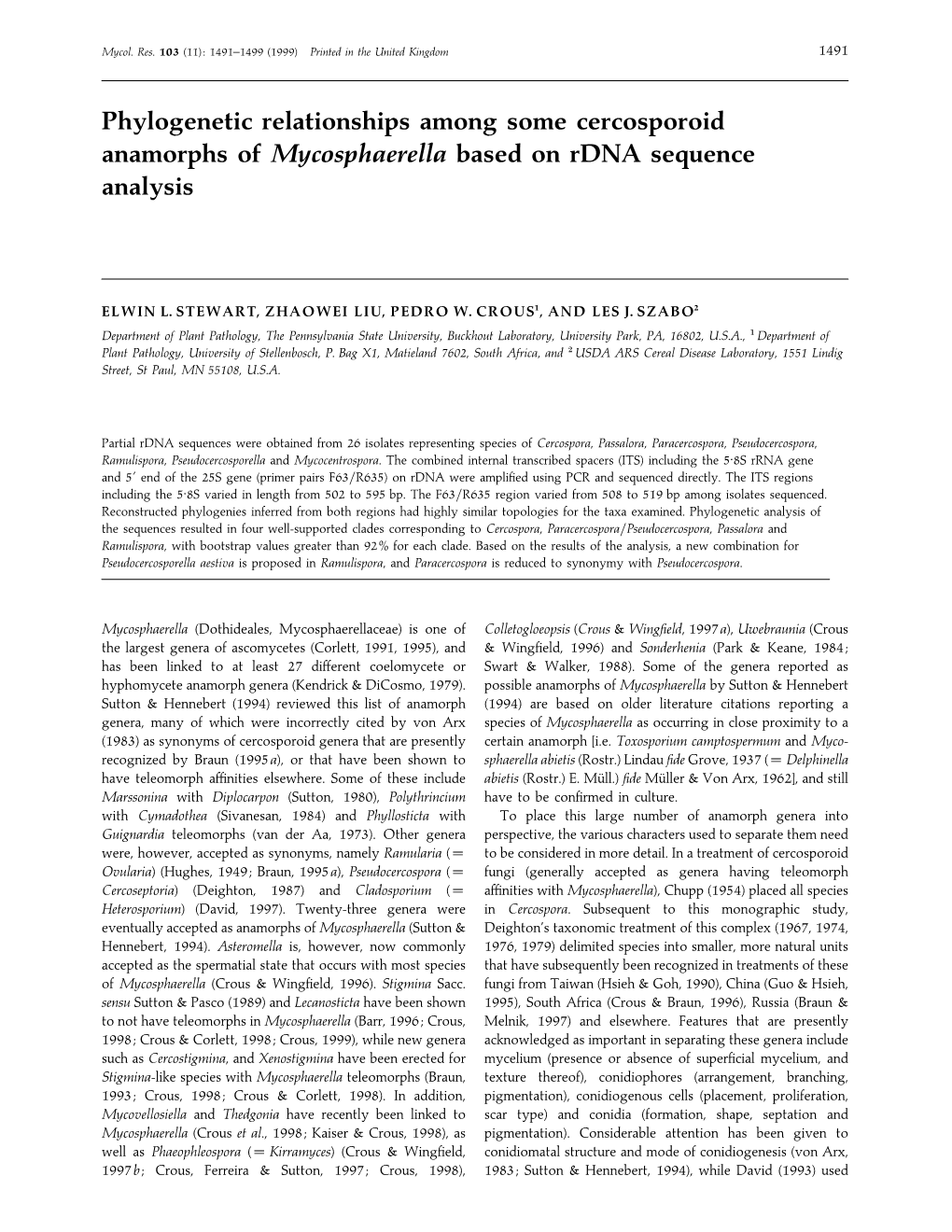 Phylogenetic Relationships Among Some Cercosporoid Anamorphs of Mycosphaerella Based on Rdna Sequence Analysis