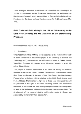 Gold Trade and Gold Mining in the 15Th to 18Th Century at the Gold Coast (Ghana) and the Activities of the Brandenburg- Prussians