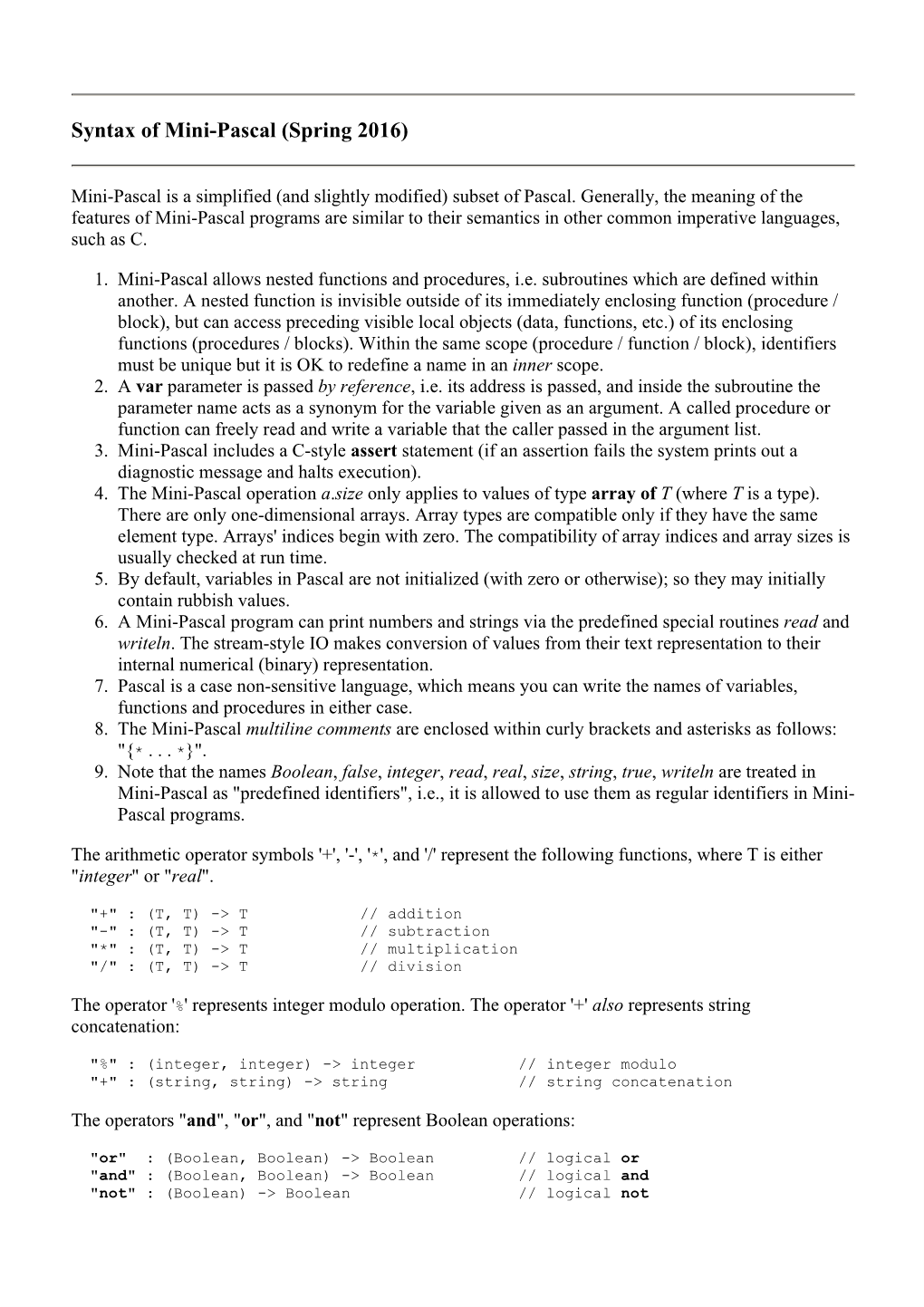 Syntax of Mini-Pascal (Spring 2016)