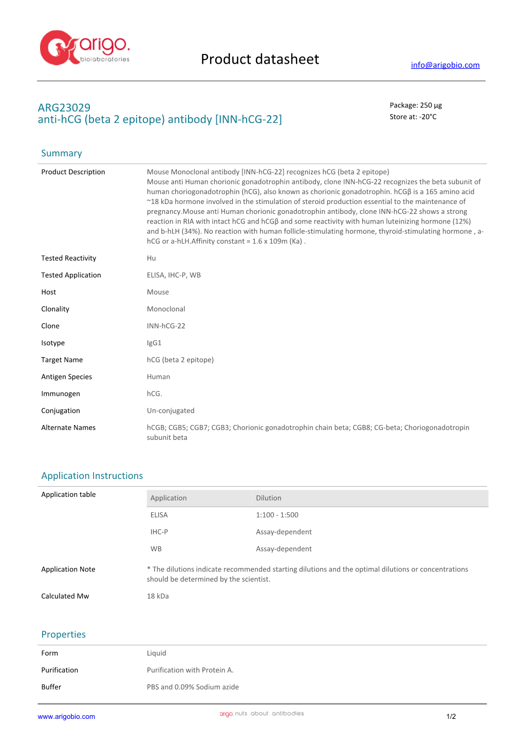 Anti-Hcg (Beta 2 Epitope) Antibody [INN-Hcg-22] (ARG23029)