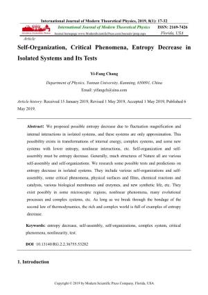 Self-Organization, Critical Phenomena, Entropy Decrease in Isolated Systems and Its Tests