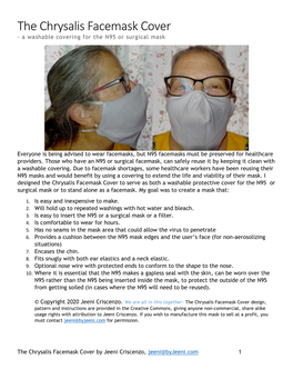 The Chrysalis Facemask Cover - a Washable Covering for the N95 Or Surgical Mask