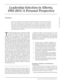 Leadership Selection in Alberta, 1992-2011: a Personal Perspective