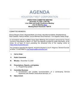 AGENDA HOUSTON FIRST CORPORATION OPERATIONS COMMITTEE MEETING December 10, 2020 –2:00 P.M