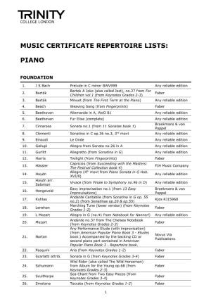 Music Certificate Repertoire Lists: Piano