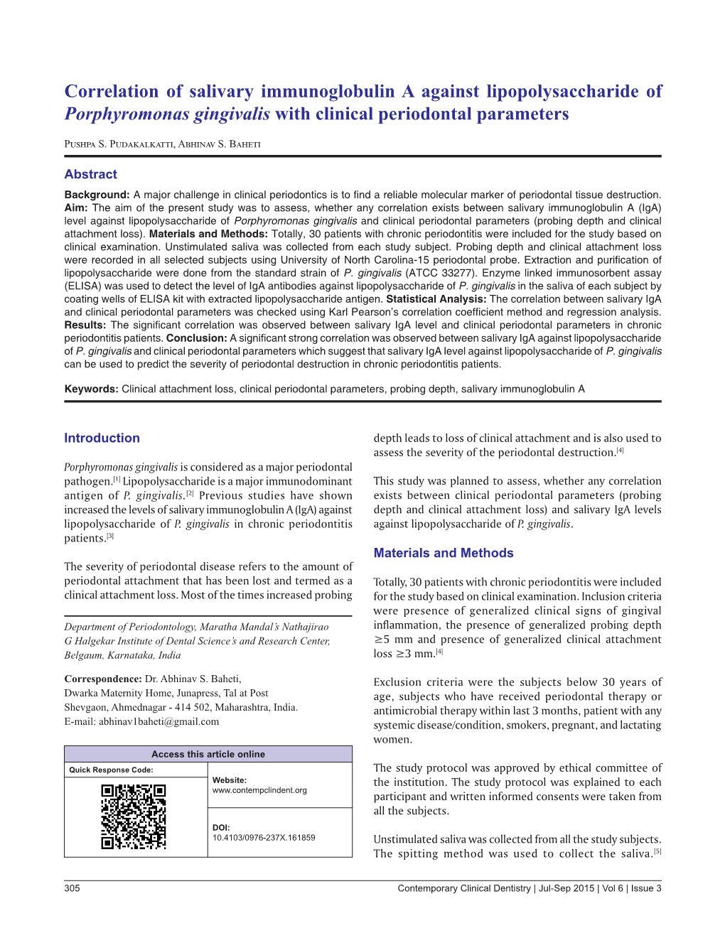 Correlation of Salivary Immunoglobulin a Against Lipopolysaccharide of Porphyromonas Gingivalis with Clinical Periodontal Parameters