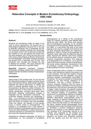 Heterodox Concepts in Modern Evolutionary Embryology, 1900-1950 Andres Galera* Centro De Ciencias Humanas Y Sociales, IH, CSIC, Spain