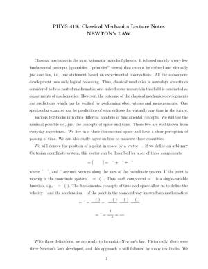 PHYS 419: Classical Mechanics Lecture Notes NEWTON's