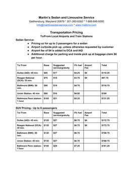 Martin's Sedan and Limousine Service Transportation Pricing