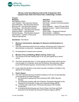 Minutes of the Board Meeting Held at 9.00 14 September 2016 Copeland Suite, Sella Park House Hotel, Calderbridge, Cumbria