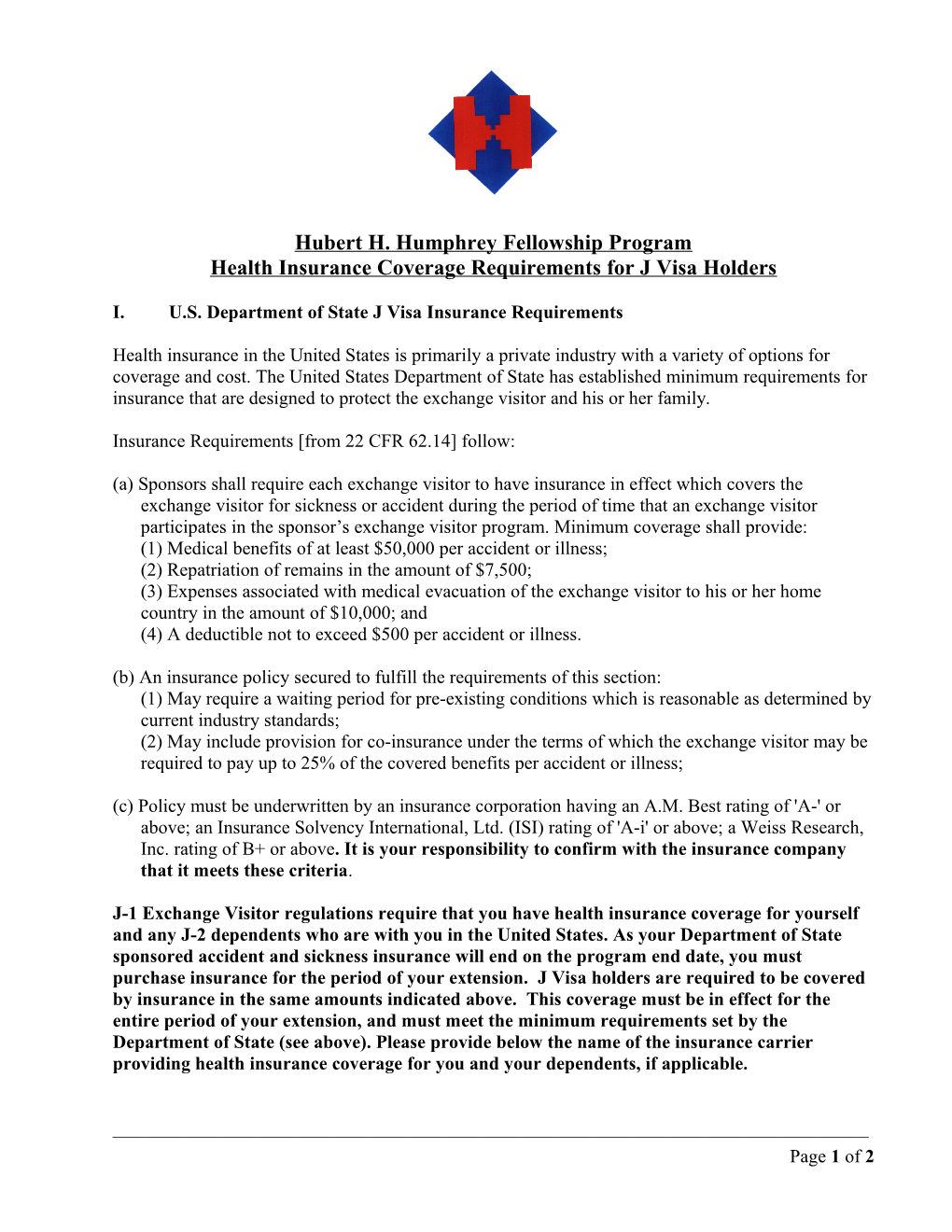 Health Insurance Coverage Requirements for J Visa Holders