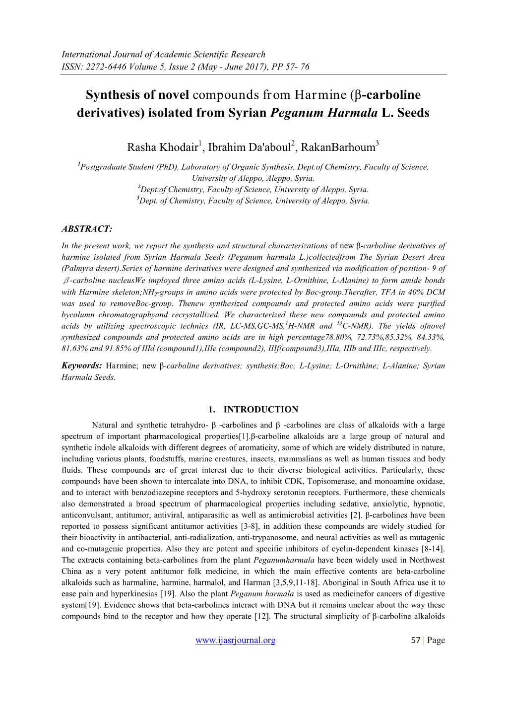 Synthesis of Novel Compounds from Harmine (Β-Carboline Derivatives) Isolated from Syrian Peganum Harmala L