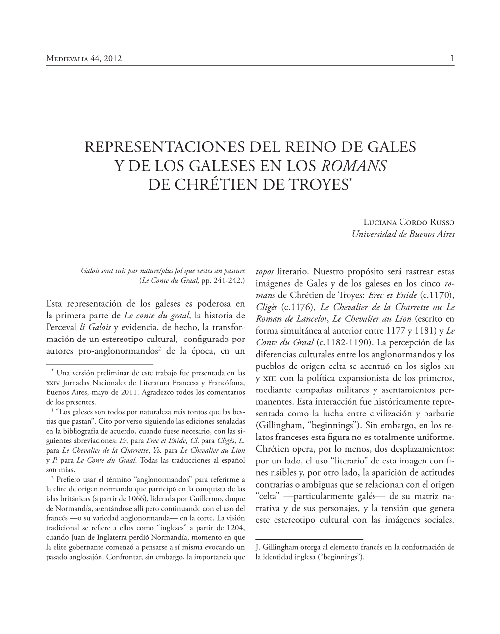 Representaciones Del Reino De Gales Y De Los Galeses En Los Romans De Chrétien De Troyes*