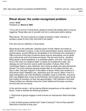 Ritual Abuse: the Under-Recognized Problem Author: Svali Published On: March 8, 2000