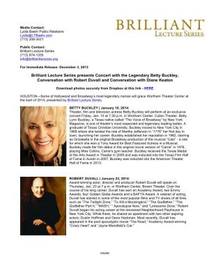 Brilliant Lecture Series Presents Concert with the Legendary Betty Buckley, Conversation with Robert Duvall and Conversation with Diane Keaton