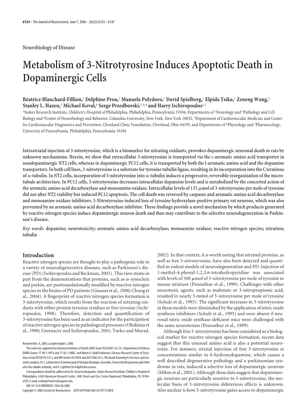 Metabolism of 3-Nitrotyrosine Induces Apoptotic Death in Dopaminergic Cells