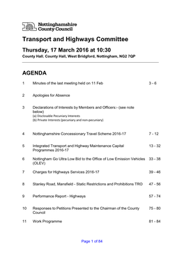 Transport and Highways Committee Thursday, 17 March 2016 at 10:30 County Hall , County Hall, West Bridgford, Nottingham, NG2 7QP