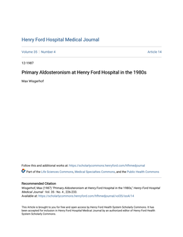 Primary Aldosteronism at Henry Ford Hospital in the 1980S