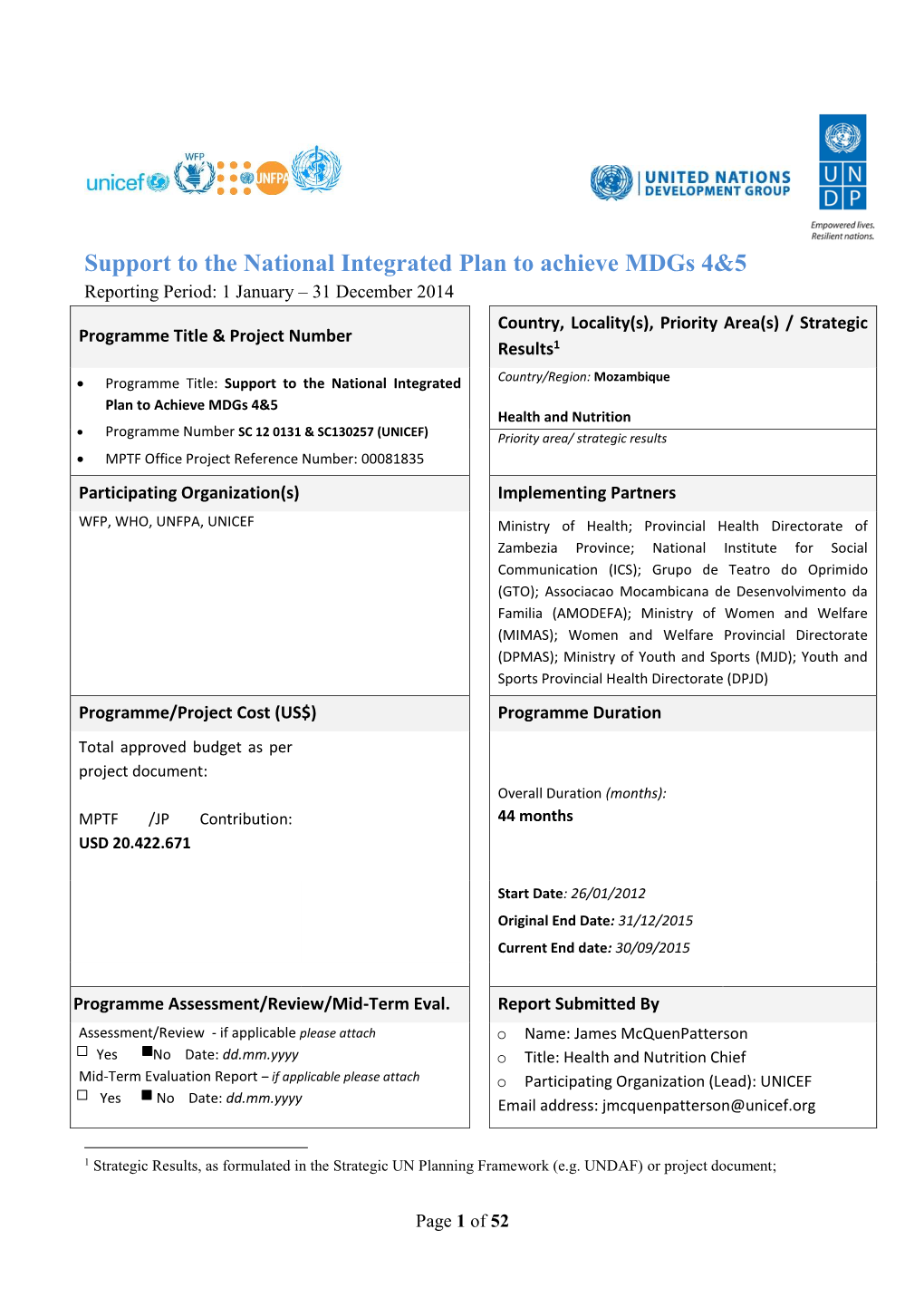 Support to the National Integrated Plan to Achieve Mdgs 4&5