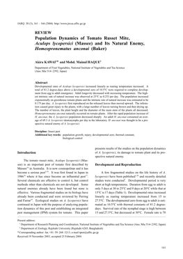 Population Dynamics of Tomato Russet Mite, Aculops Lycopersici (Massee) and Its Natural Enemy, Homeopronematus Anconai (Baker)