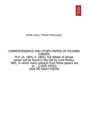 Correspondence and Other Papers of Richard Cobden, M.P