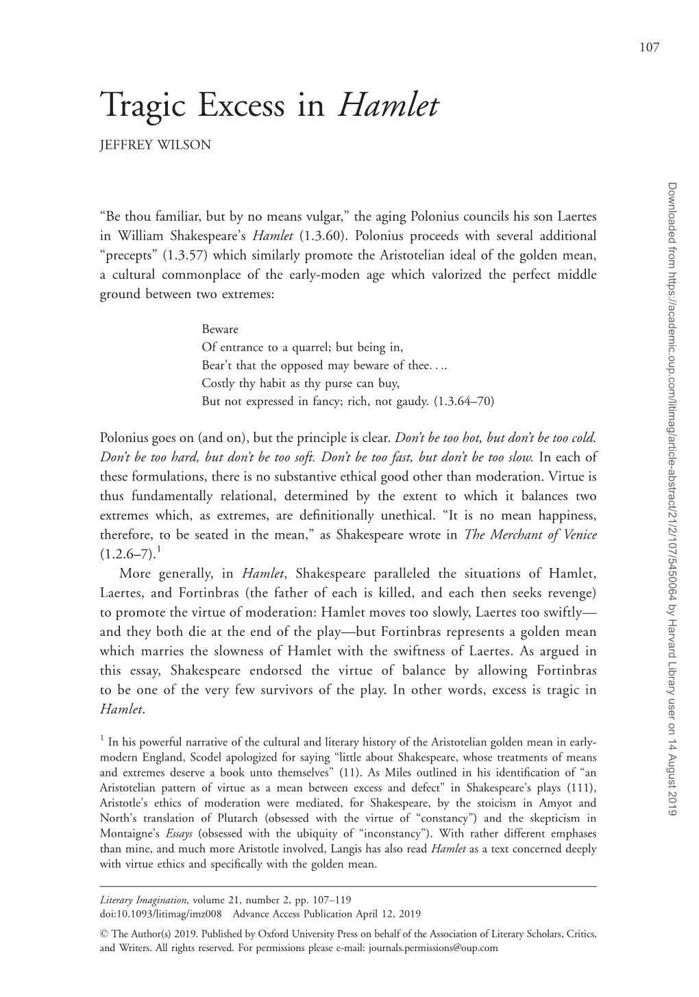 Tragic Excess in Hamlet JEFFREY WILSON Downloaded from by Harvard Library User on 14 August 2019