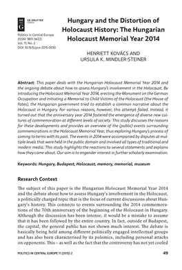 The Hungarian Holocaust Memorial Year 2014 and the Ongoing Debate About How to Assess Hungary’S Involvement in the Holocaust