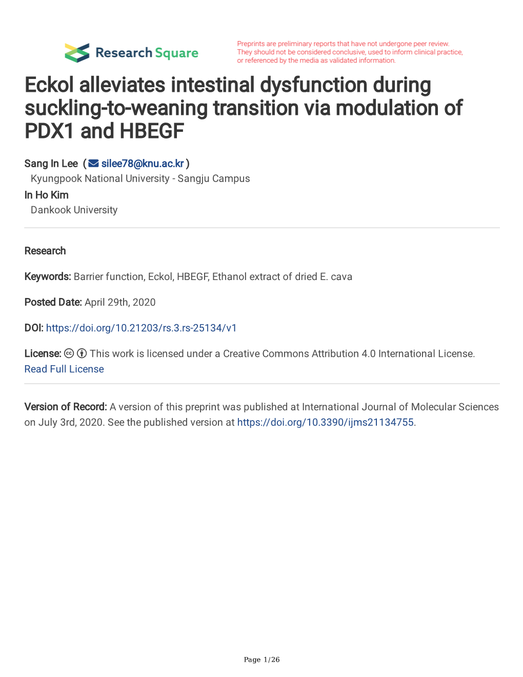 Eckol Alleviates Intestinal Dysfunction During Suckling-To-Weaning Transition Via Modulation of PDX1 and HBEGF