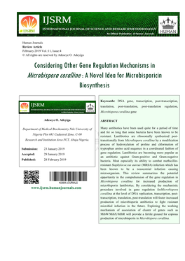 Considering Other Gene Regulation Mechanisms in Microbispora Coralline : a Novel Idea for Microbisporicin Biosynthesis