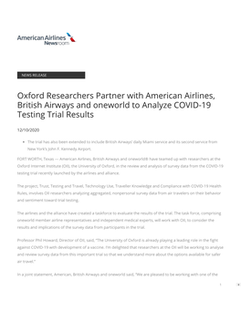 Oxford Researchers Partner with American Airlines, British Airways and Oneworld to Analyze COVID-19 Testing Trial Results