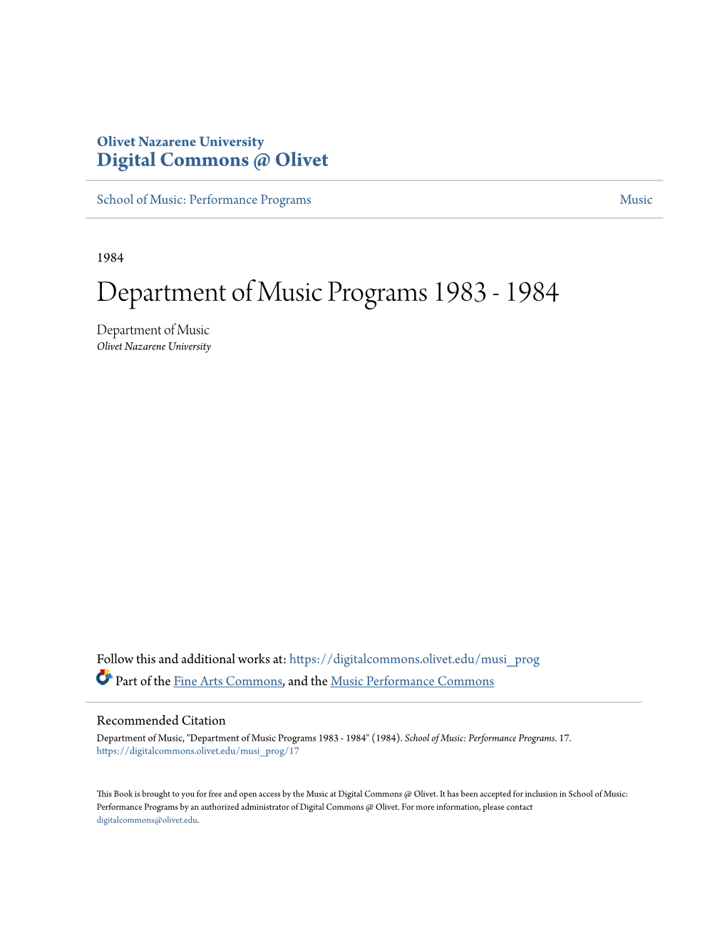 Department of Music Programs 1983 - 1984 Department of Music Olivet Nazarene University