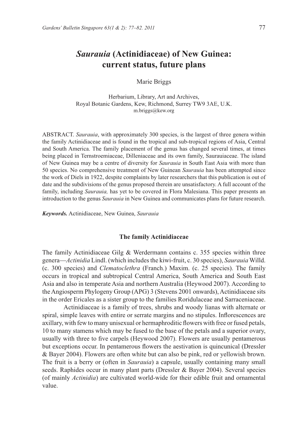 Saurauia (Actinidiaceae) of New Guinea: Current Status, Future Plans