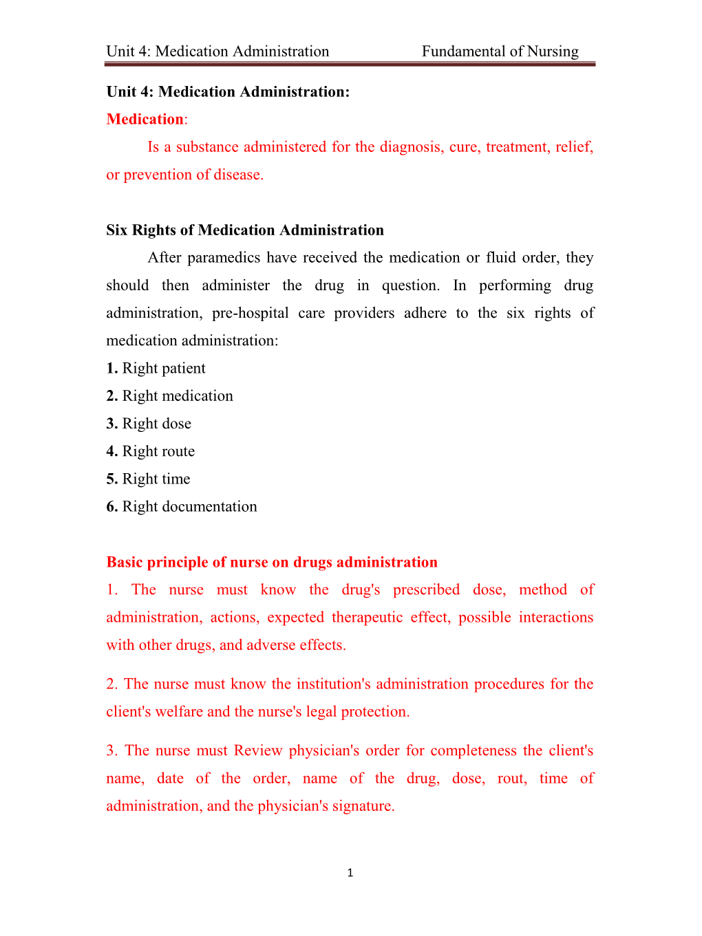 Unit 4: Medication Administration Fundamental of Nursing