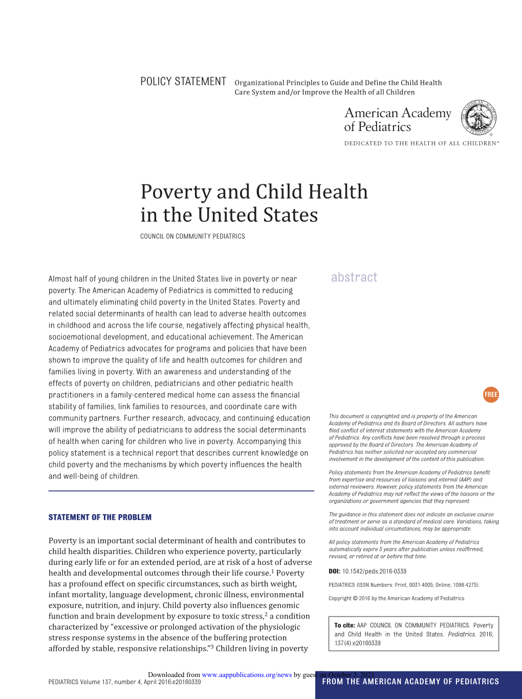 Poverty and Child Health in the United States COUNCIL on COMMUNITY PEDIATRICS