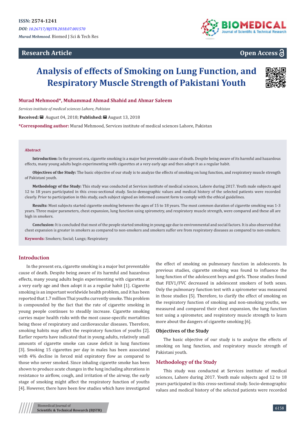 Analysis of Effects of Smoking on Lung Function, and Respiratory Muscle Strength of Pakistani Youth