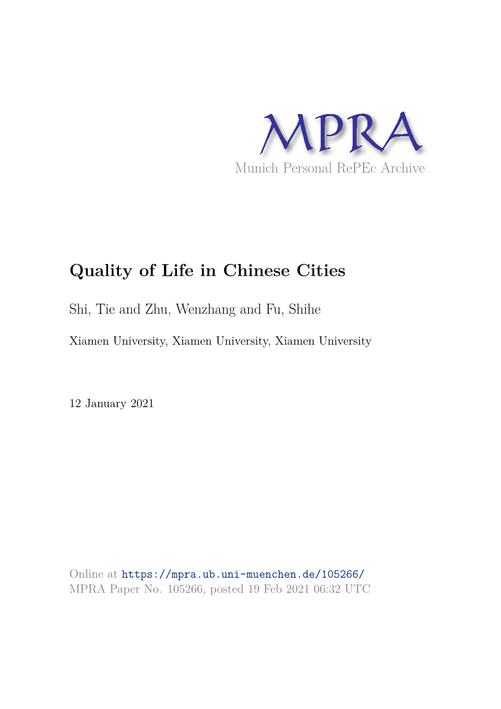 Quality of Life in Chinese Cities