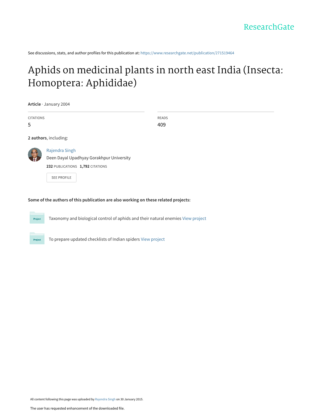 Aphids on Medicinal Plants in North East India (Insecta: Homoptera: Aphididae)