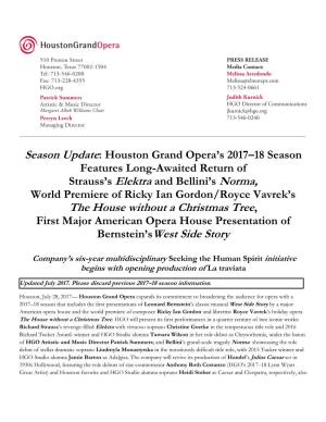Houston Grand Opera's 2017–18 Season Features Long-Awaited Return of Strauss's Elektra