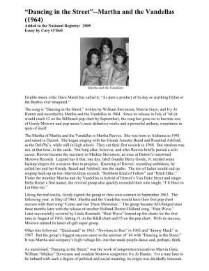 Dancing in the Street”--Martha and the Vandellas (1964) Added to the National Registry: 2005 Essay by Cary O’Dell