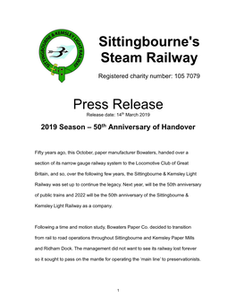 Sittingbourne's Steam Railway Press Release