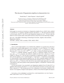 The Descent of Biquaternion Algebras in Characteristic