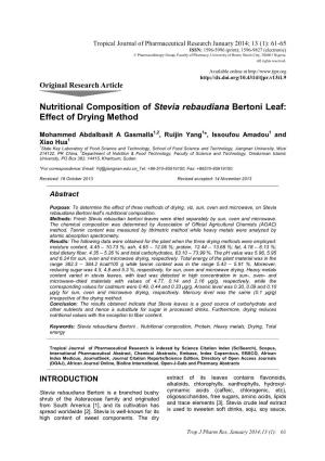 Nutritional Composition of Stevia Rebaudiana Bertoni Leaf: Effect of Drying Method